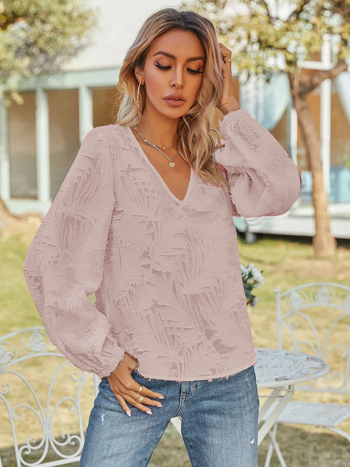 V-Neck Long Sleeve Blouse in Blush Pink
