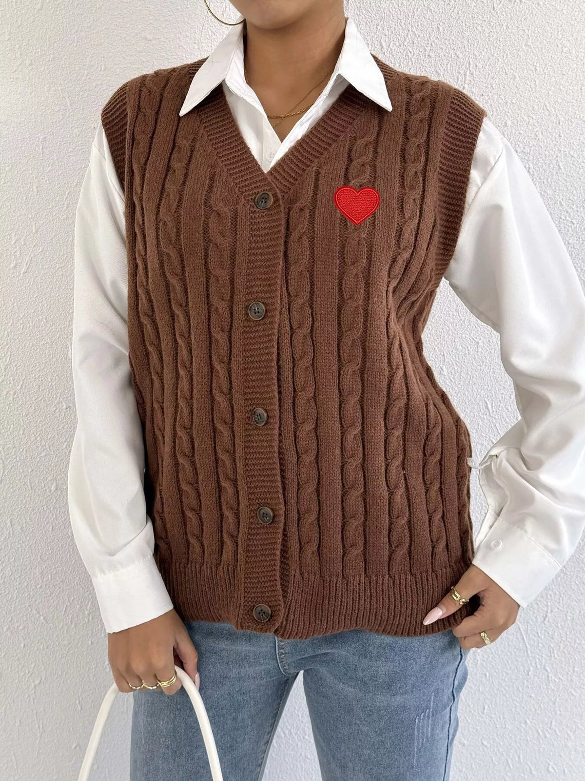 V-Neck Cable Knit Button-Down Sweater Vest with Heart Embroidery