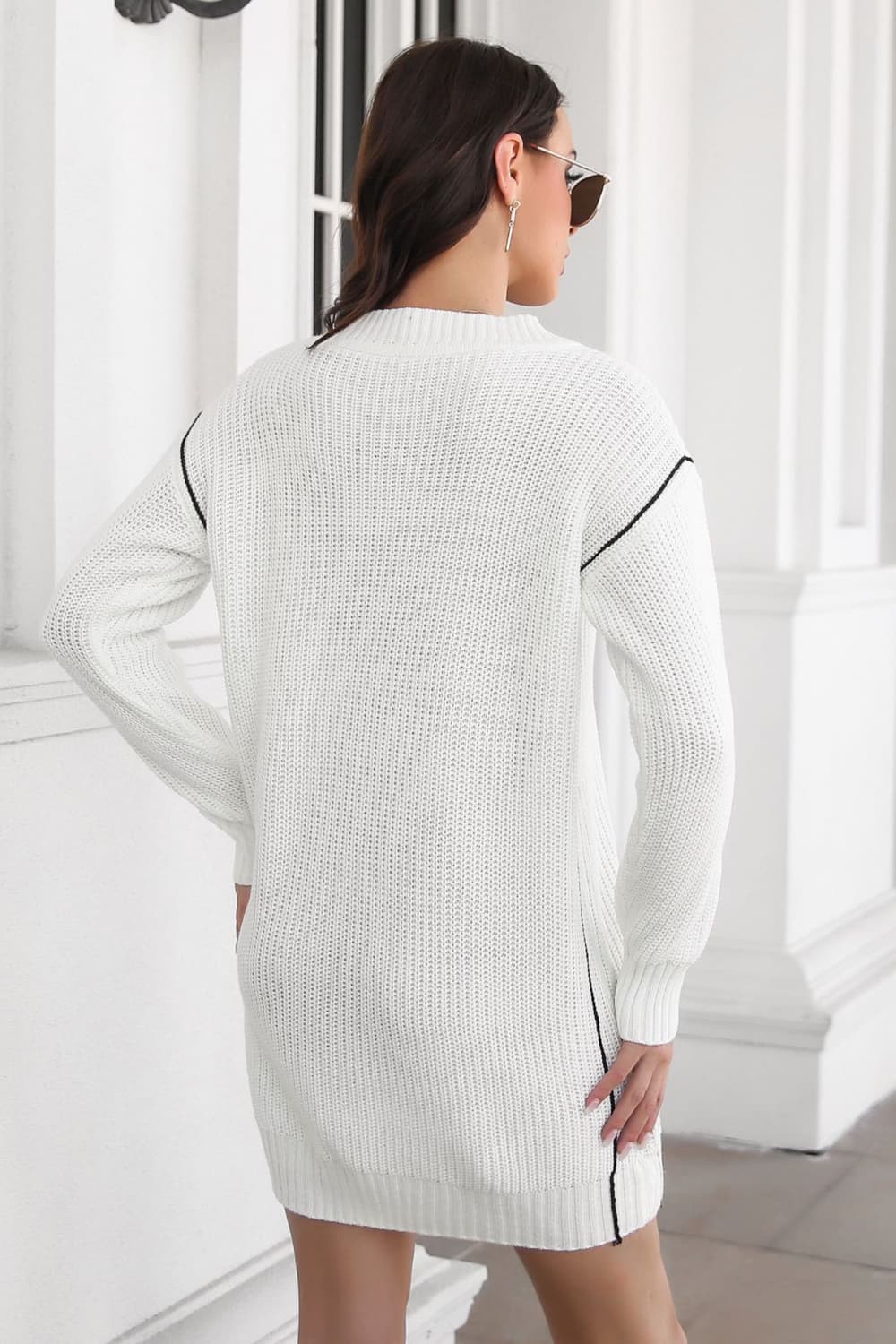 Contrast V-Neck Sweater Dress, view 4