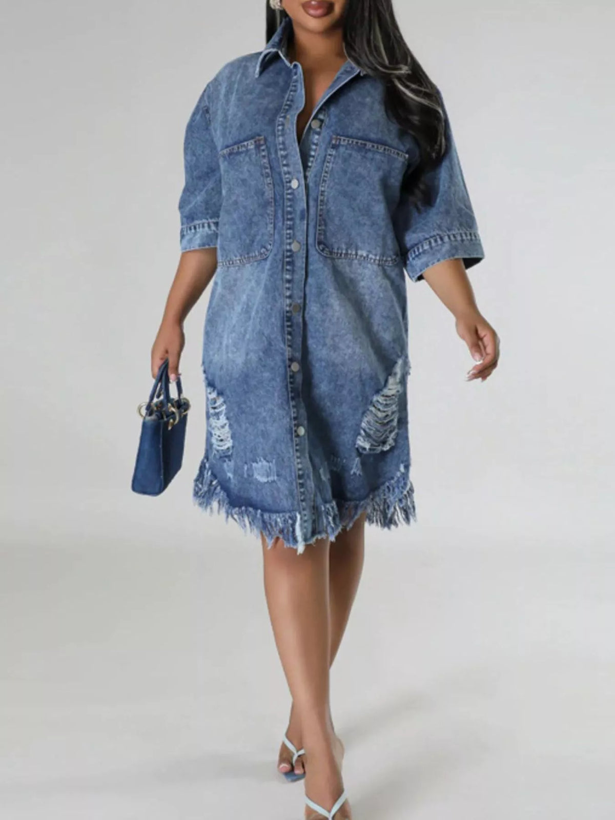 Plus Size Distressed Frayed Hem Button-Down Denim Dress in Dusty Blue, view 2