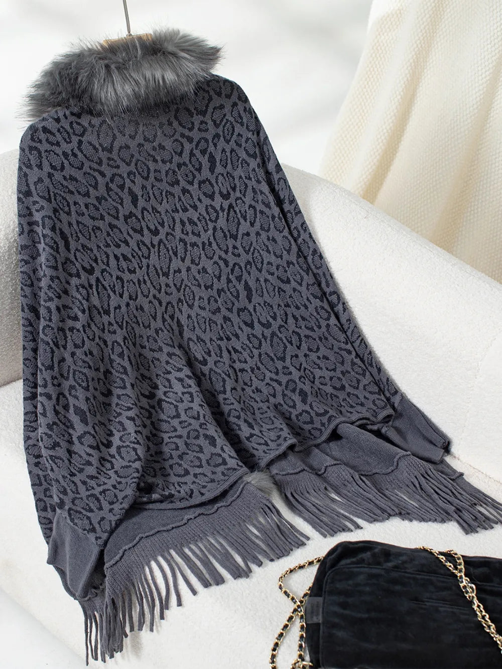 Fringe Leopard Open Front Long Sleeve Poncho, view 6