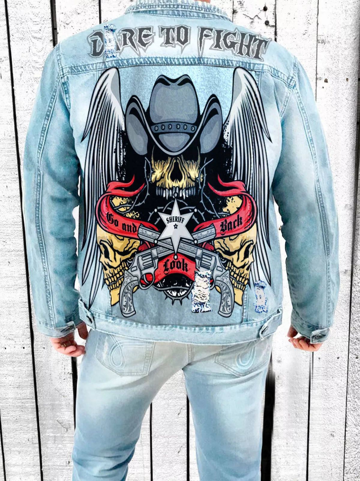 Men's Full Size Graphic Back Button Up Denim Jacket Plus Size - Lilixa.store