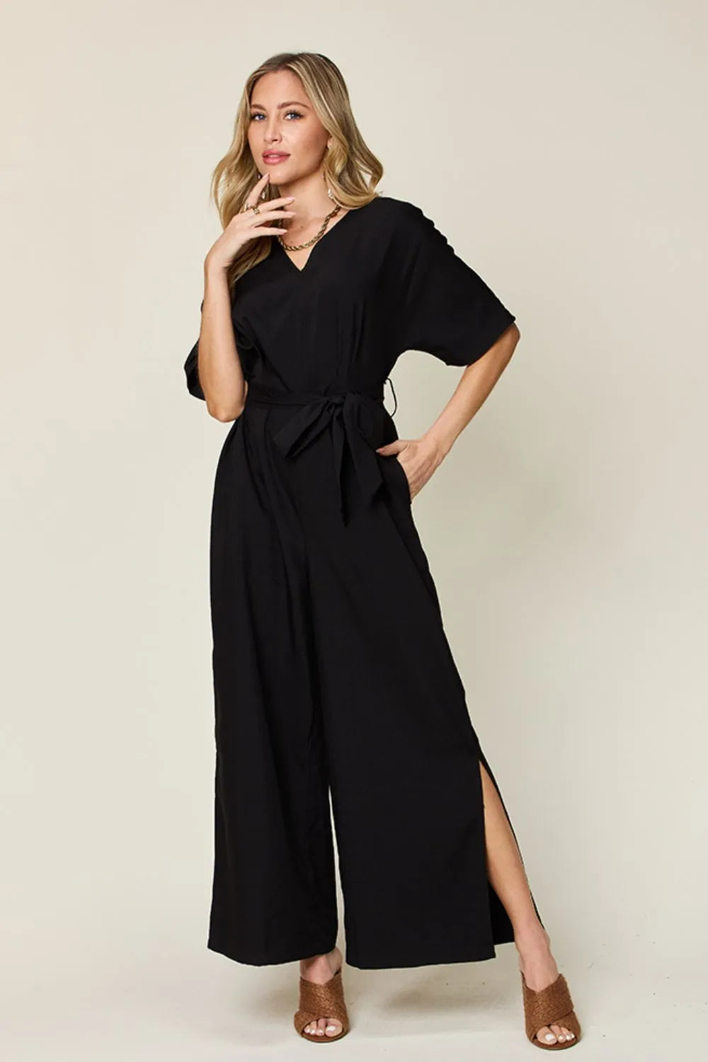 Double Take Full Size V-Neck Tied Side Slit Jumpsuit in Black, view 3