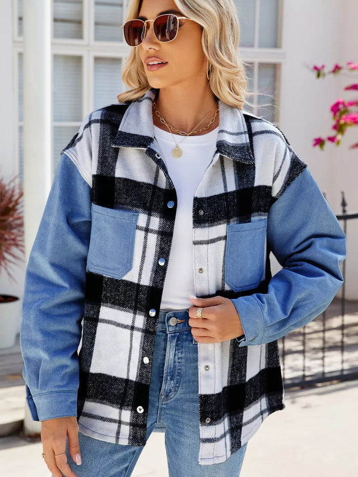 Pocketed Plaid Snap Down Denim Jacket in Dusty Blue