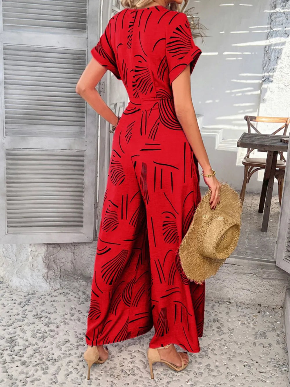 Devine Printed Notched Short Sleeve Wide Leg Jumpsuit - Lilixa.store