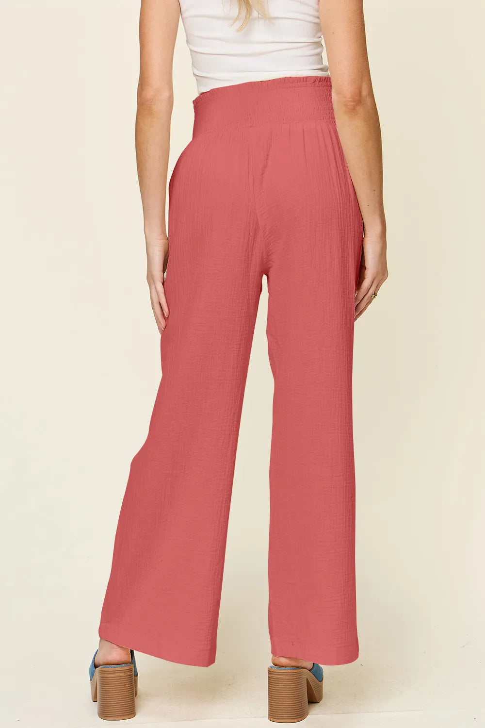 Double Take Full Size Texture Smocked Waist Wide Leg Pants - Lilixa.store