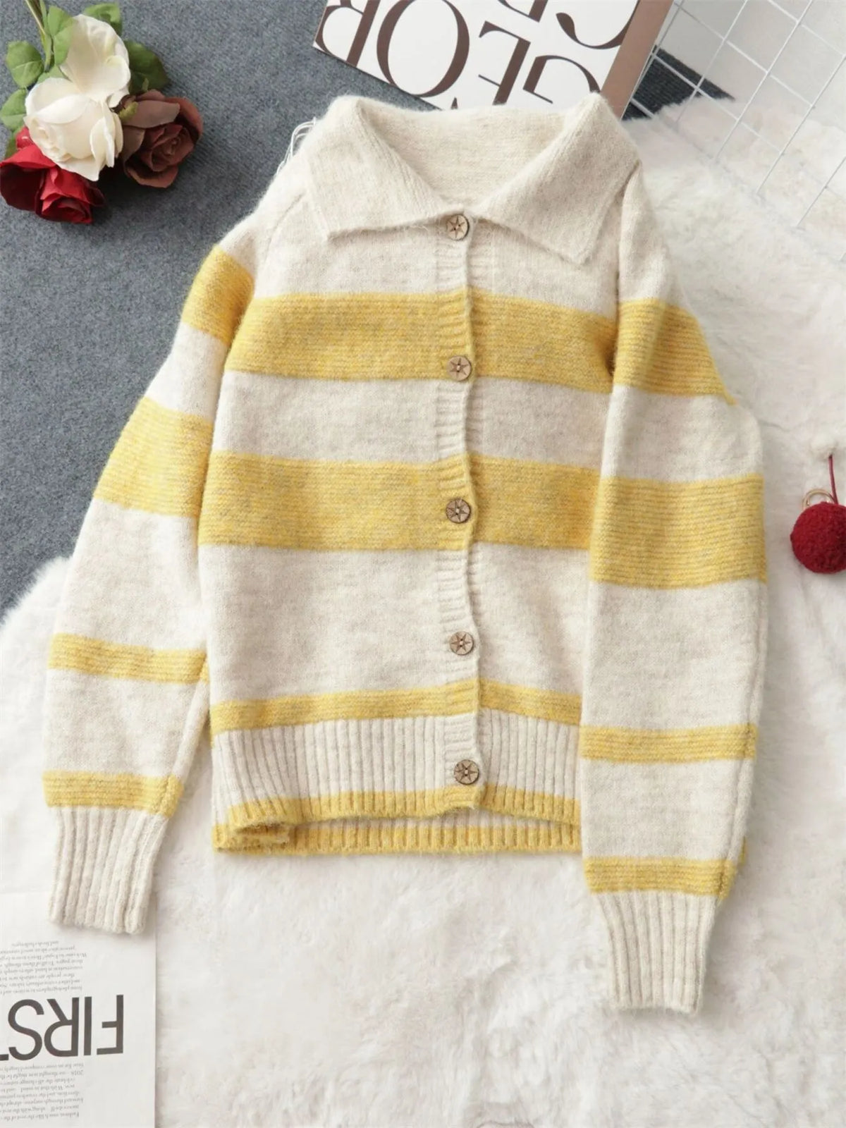 Striped Button-Up Cozy Cardigan - Lilixa.store