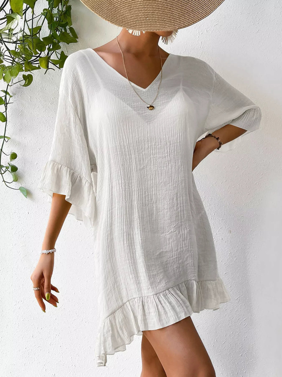 Ruffle Trim Butterfly Back V-Neck Cover-Up Dress - Lilixa.store