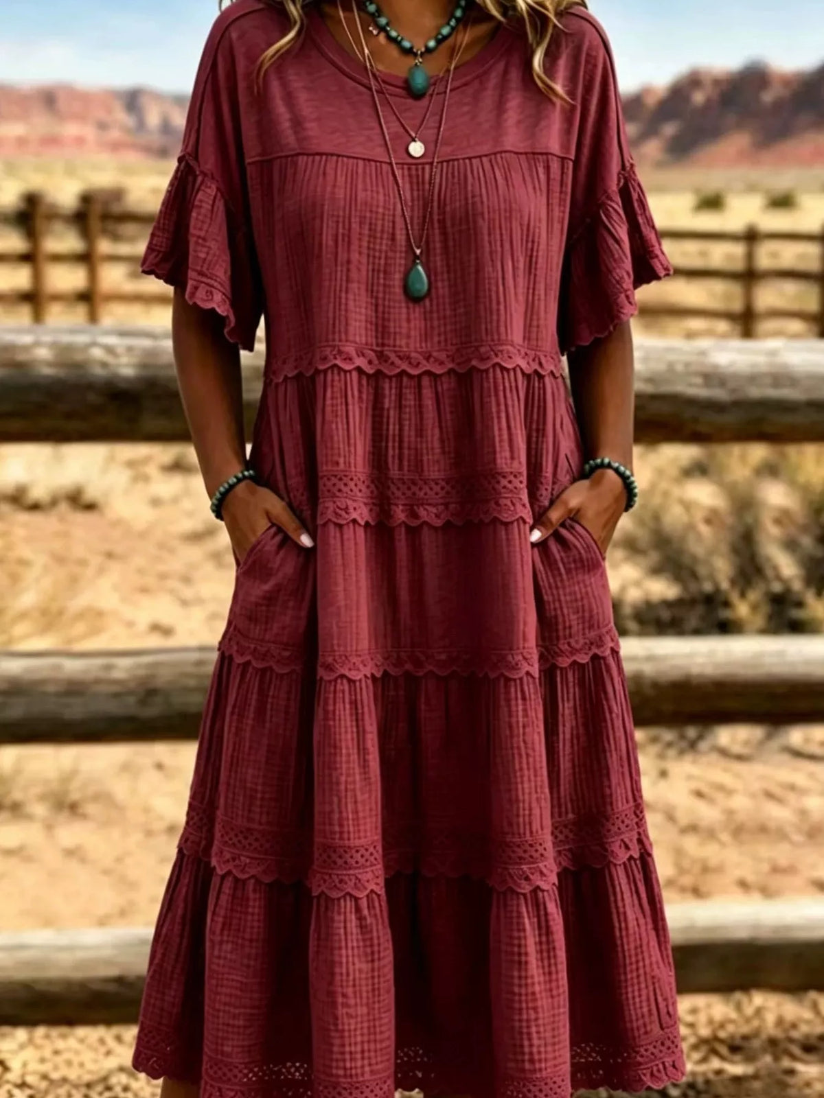 Full Size Tiered Ruffle Sleeve Midi Dress with Pockets Plus Size - Lilixa.store