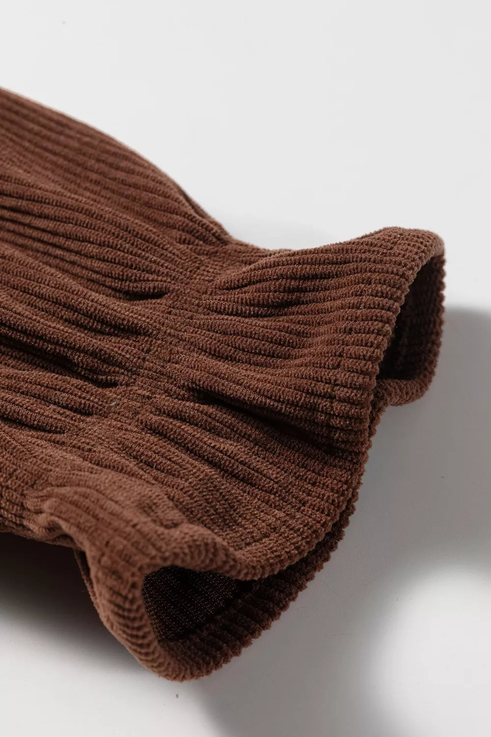 Solid Color Ruffle Trim V Neck Long Sleeve Button Corduroy Shakcet in Dark Brown, view 8