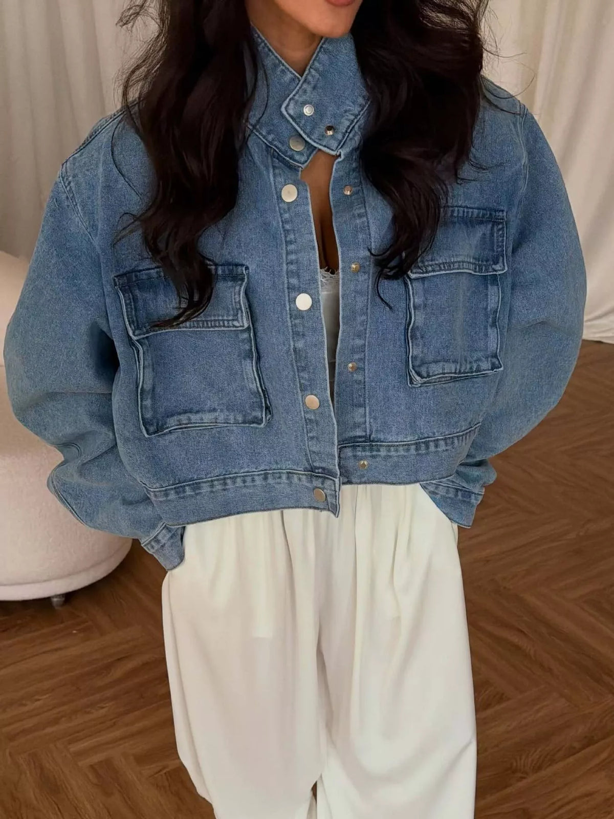 Oversized Utility Cropped Denim Jacket in Blue