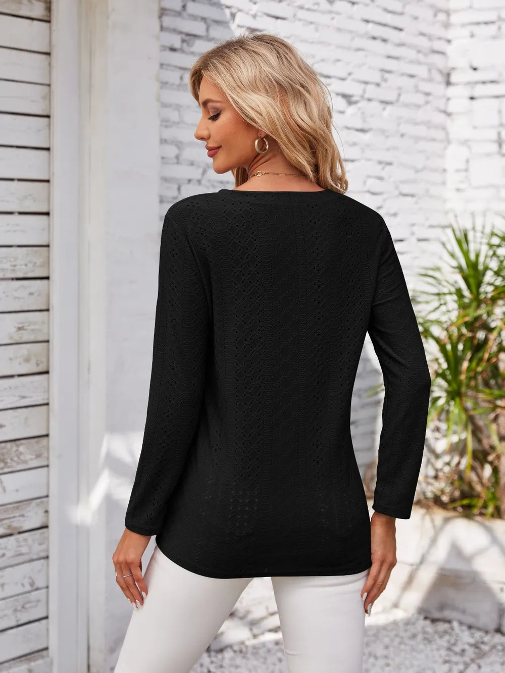 Decorative Button Openwork V-Neck T-Shirt - Lilixa.store
