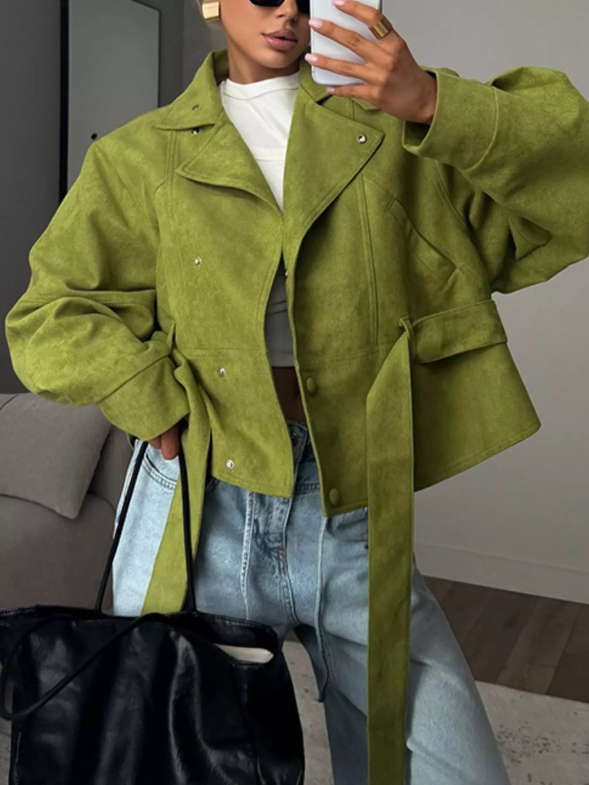 Tie Waist Long Sleeve Cropped Jacket in Matcha Green, view 2