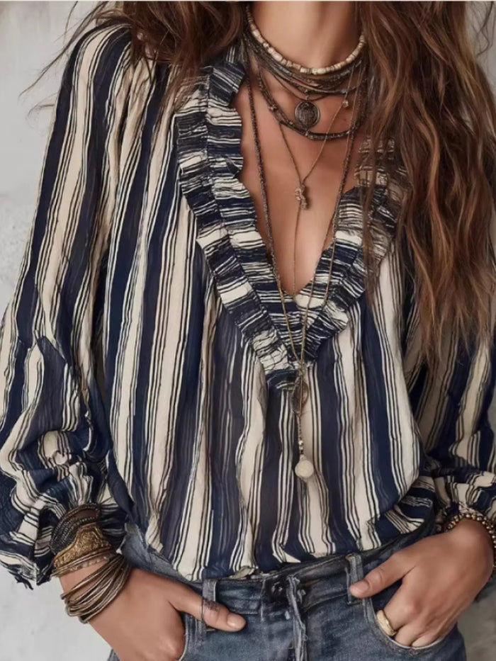 Striped Balloon Sleeve Blouse in Dark Blue