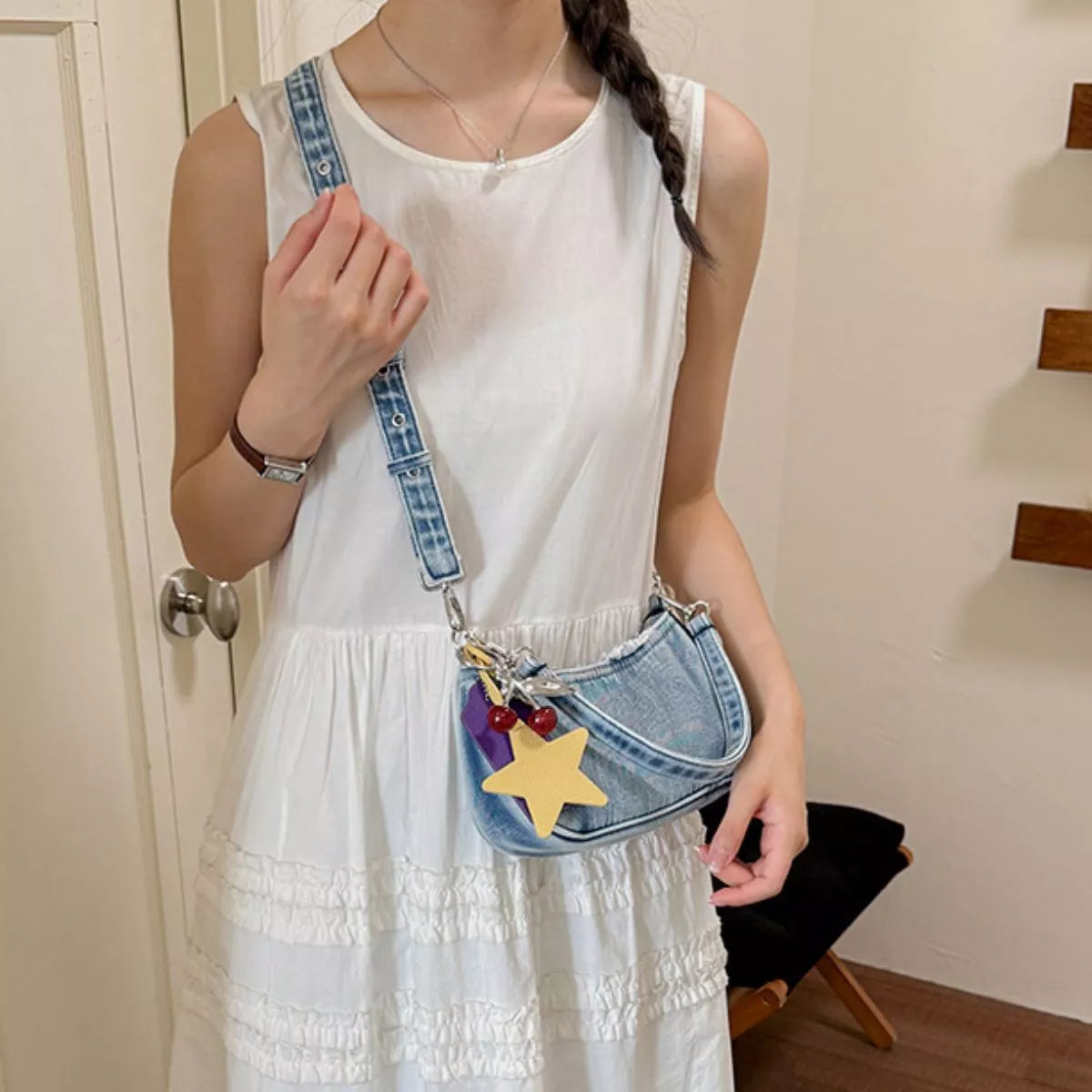Star Charm Denim Shoulder Bag - Lilixa.store