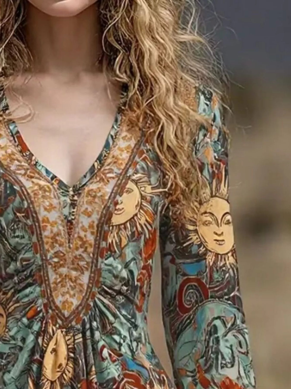 Printed V-Neck Flare Sleeve Dress