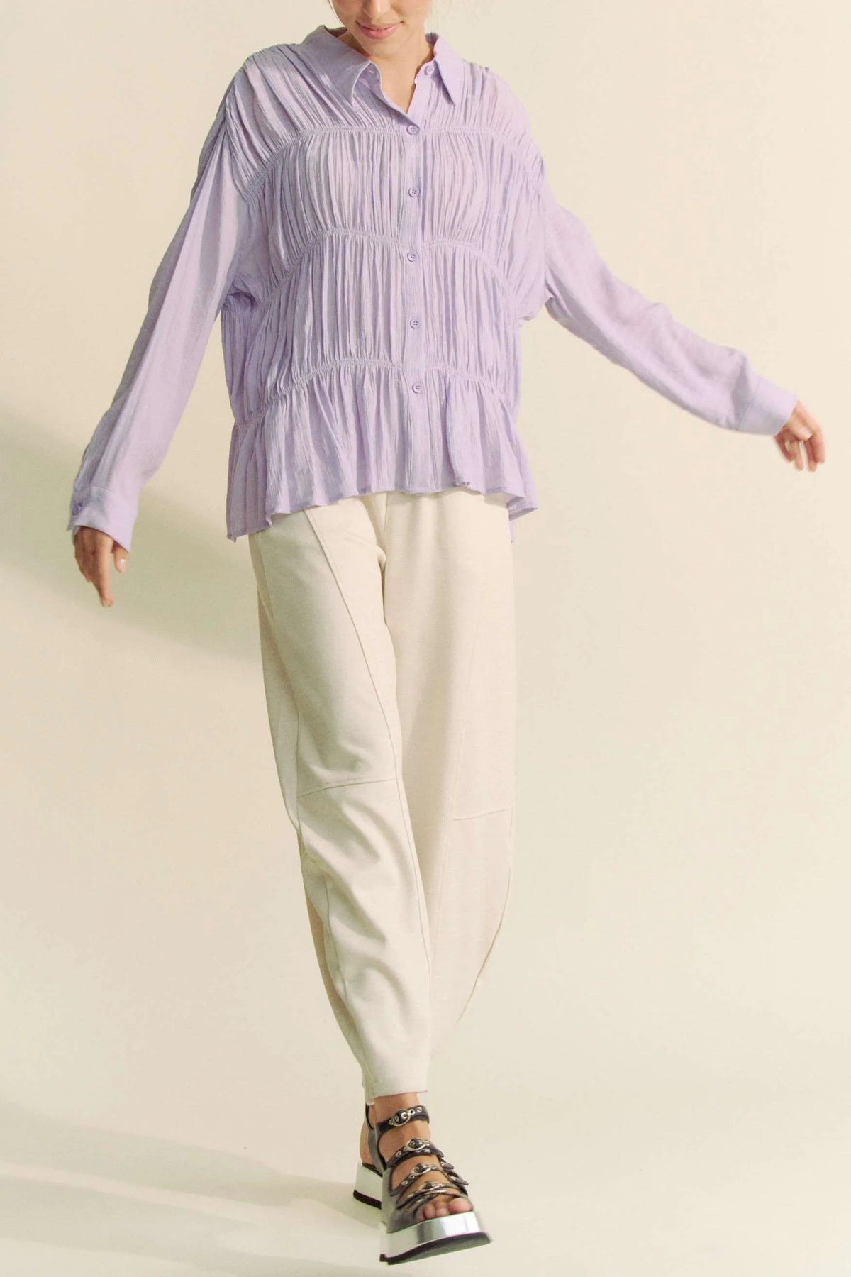 Davi & Dani Ruched All Over Button Front Shirt - Lilixa.store