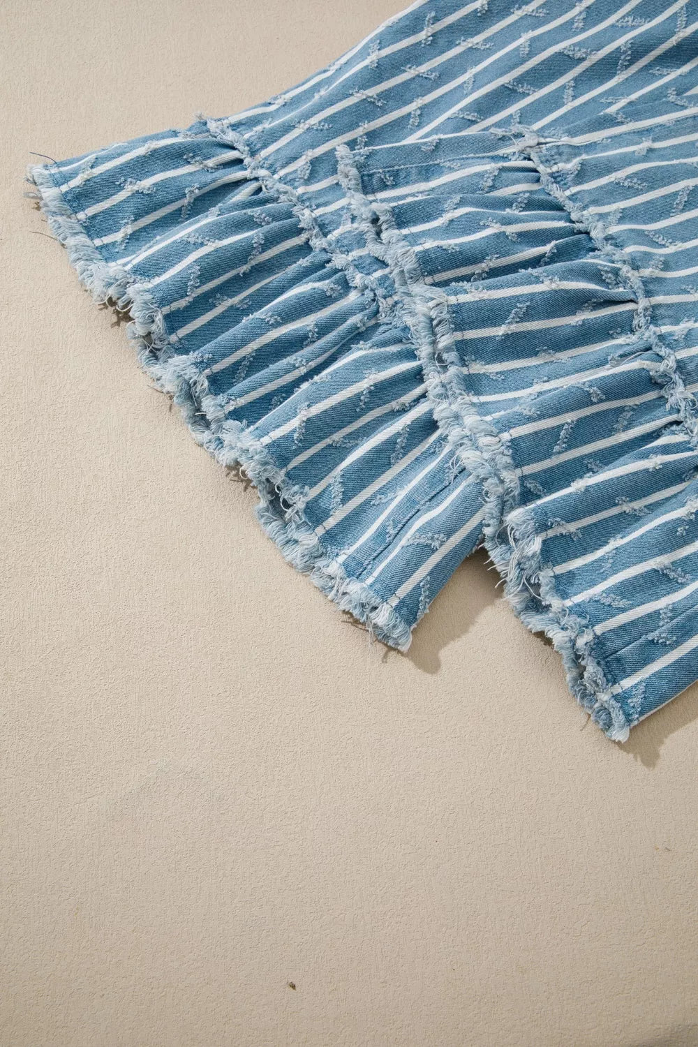 Striped Distressed Ruffled Wide Leg Denim Overalls in Light Blue, view 8