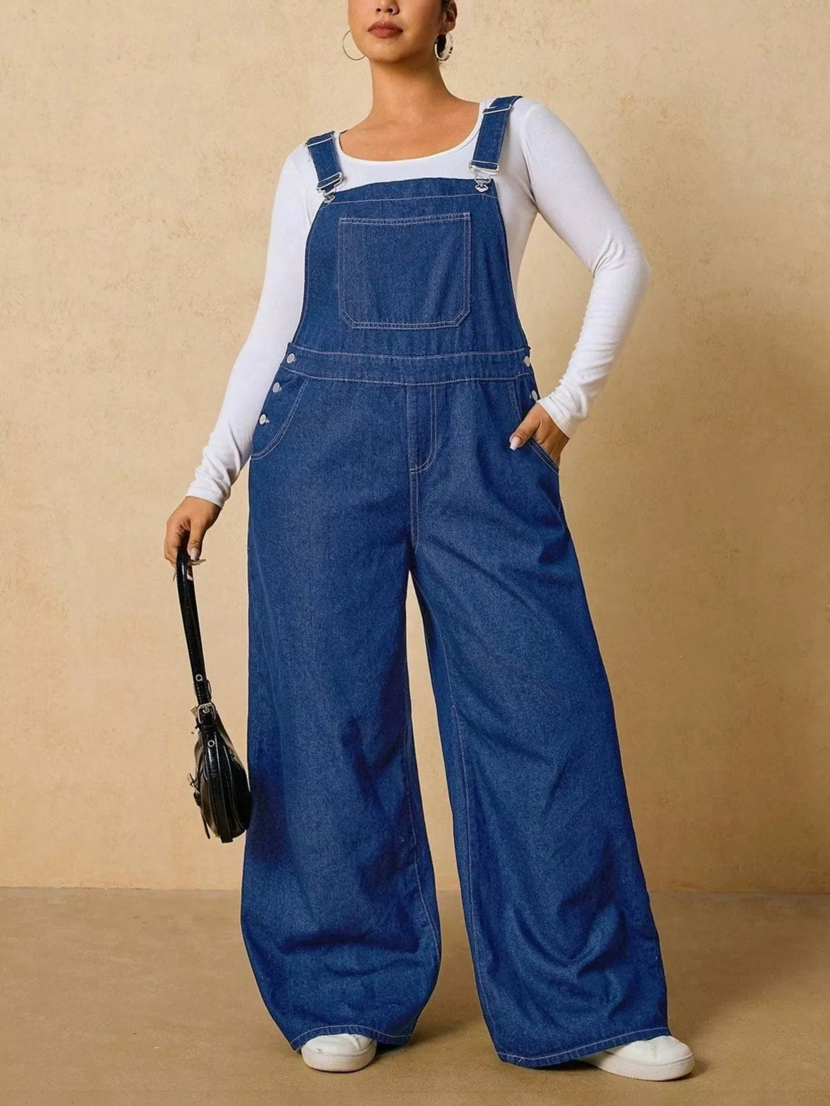 Plus Size Adjustable Strap Wide-Leg Denim Overalls
