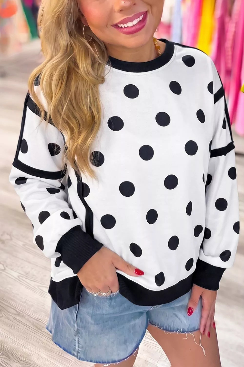 Polka Dot Crew Neck Sweatshirt - Lilixa.store