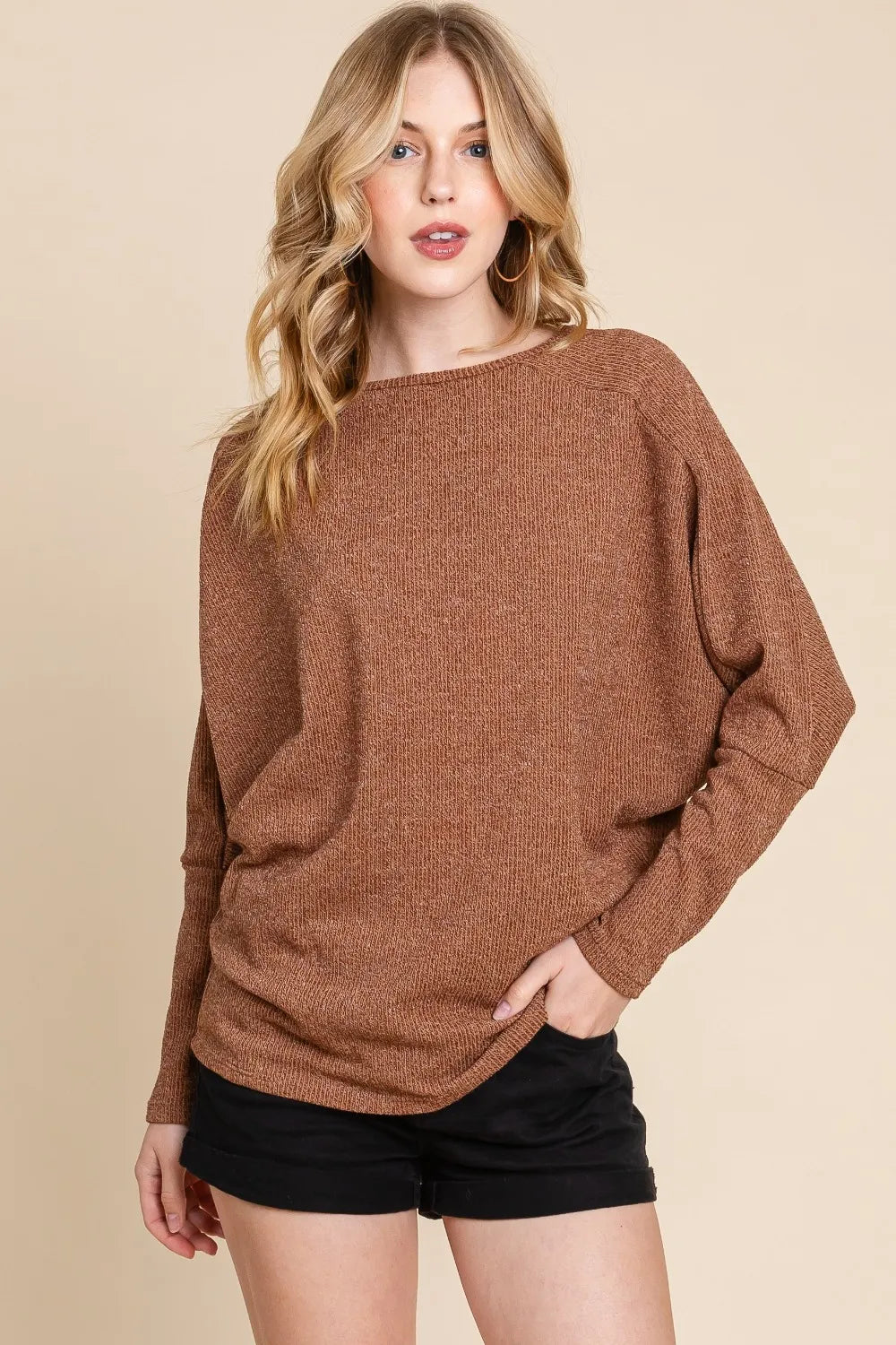 BOMBOM Drop Shoulder Long Sleeve Knit Top - Lilixa.store