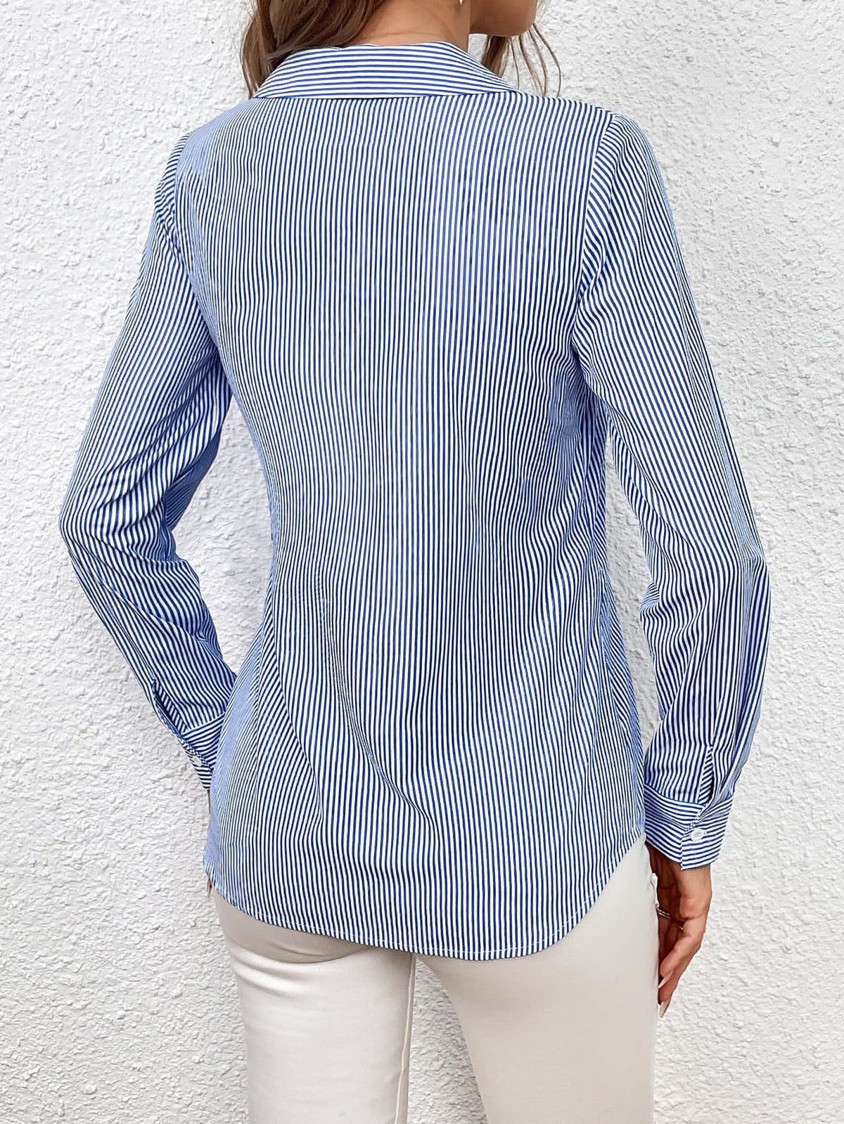 Ivy Lane Bow Tie Waist Johnny Collar Neck Striped Blouse, view 8