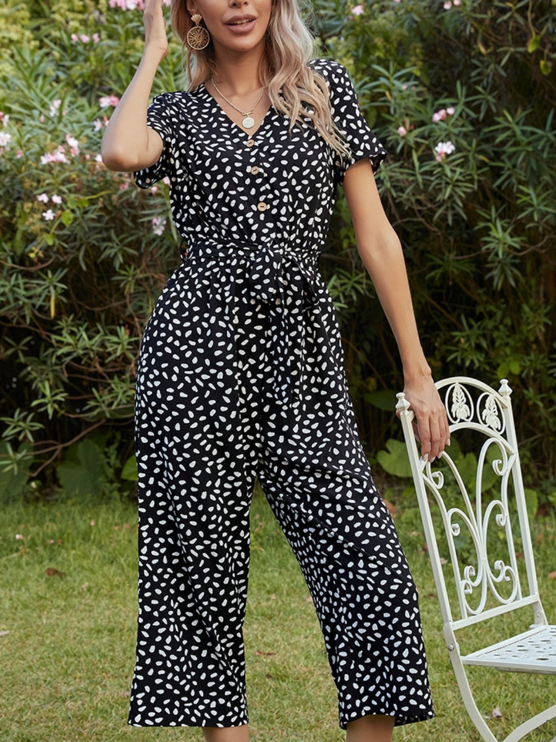 Ivy Lane Printed V-Neck Short Sleeve Jumpsuit - Lilixa.store