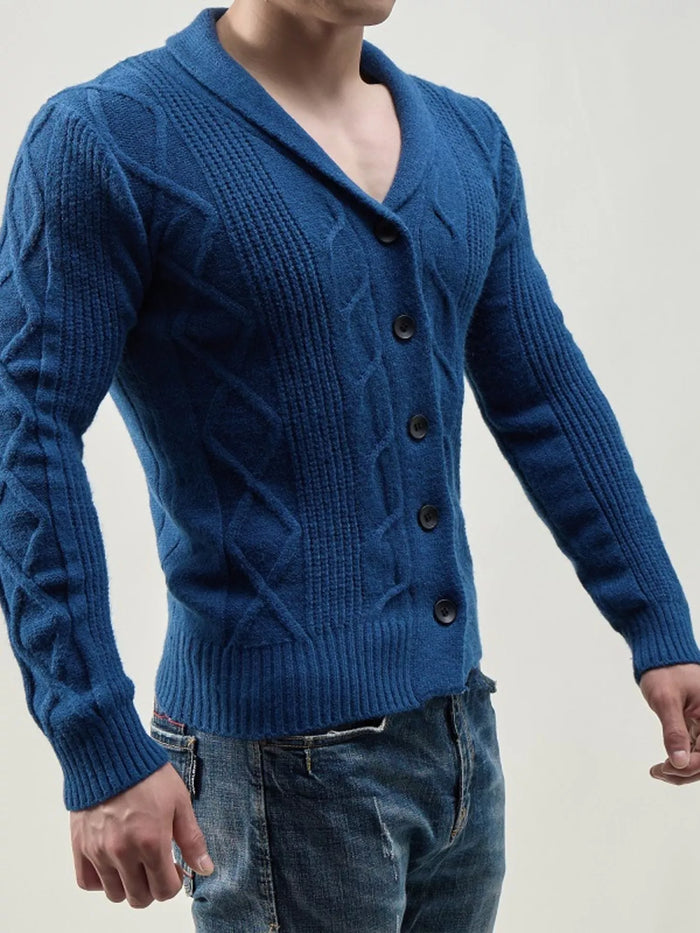 Men's Full Size Slim-Fit Cable Knit Shawl Collar Cardigan Plus Size in Blue