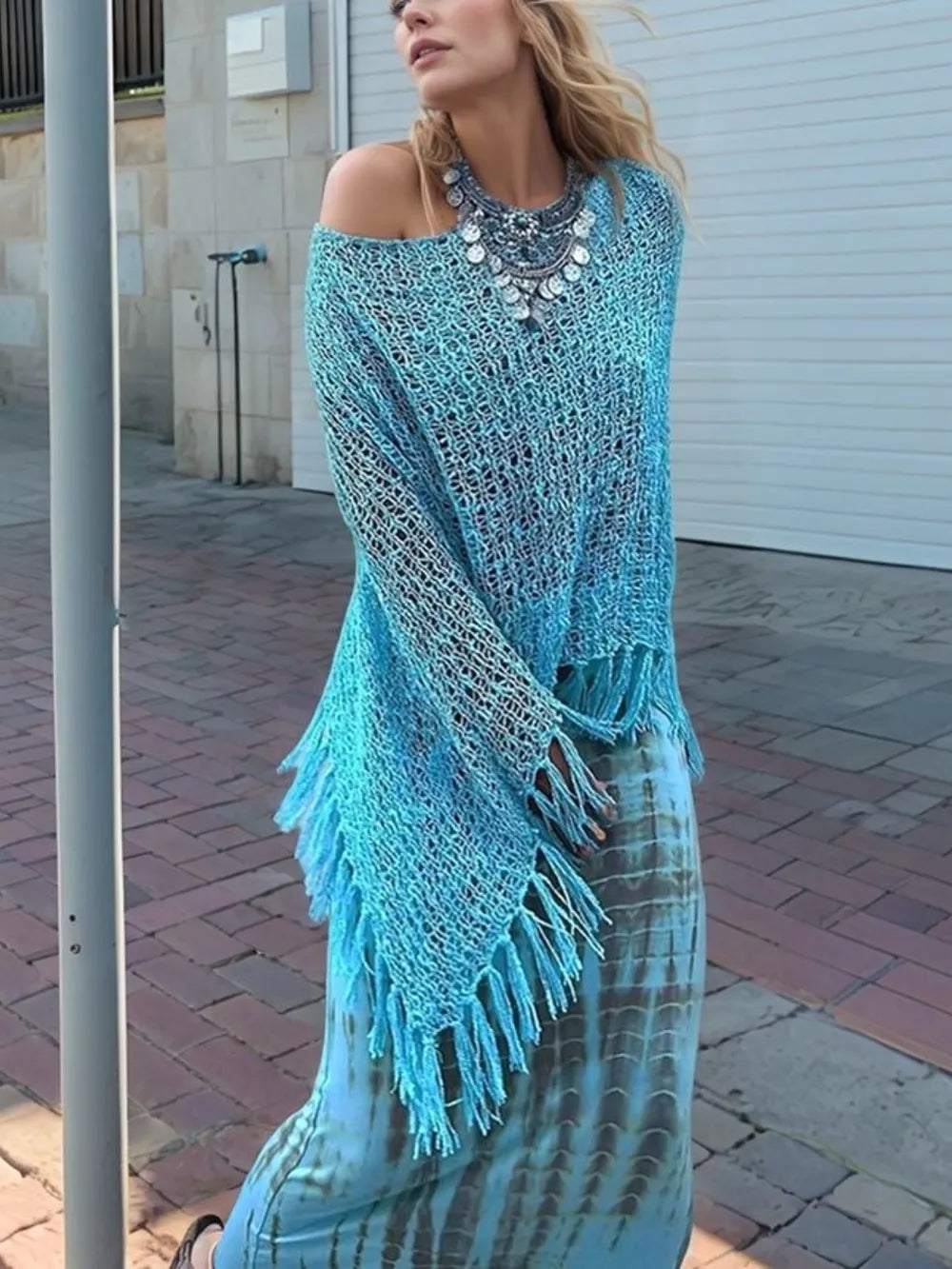 Tassel Boat Neck Knit Shawl - Lilixa.store