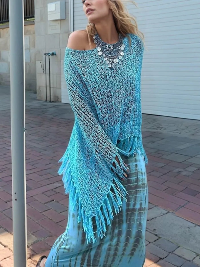 Tassel Boat Neck Knit Shawl - Lilixa.store