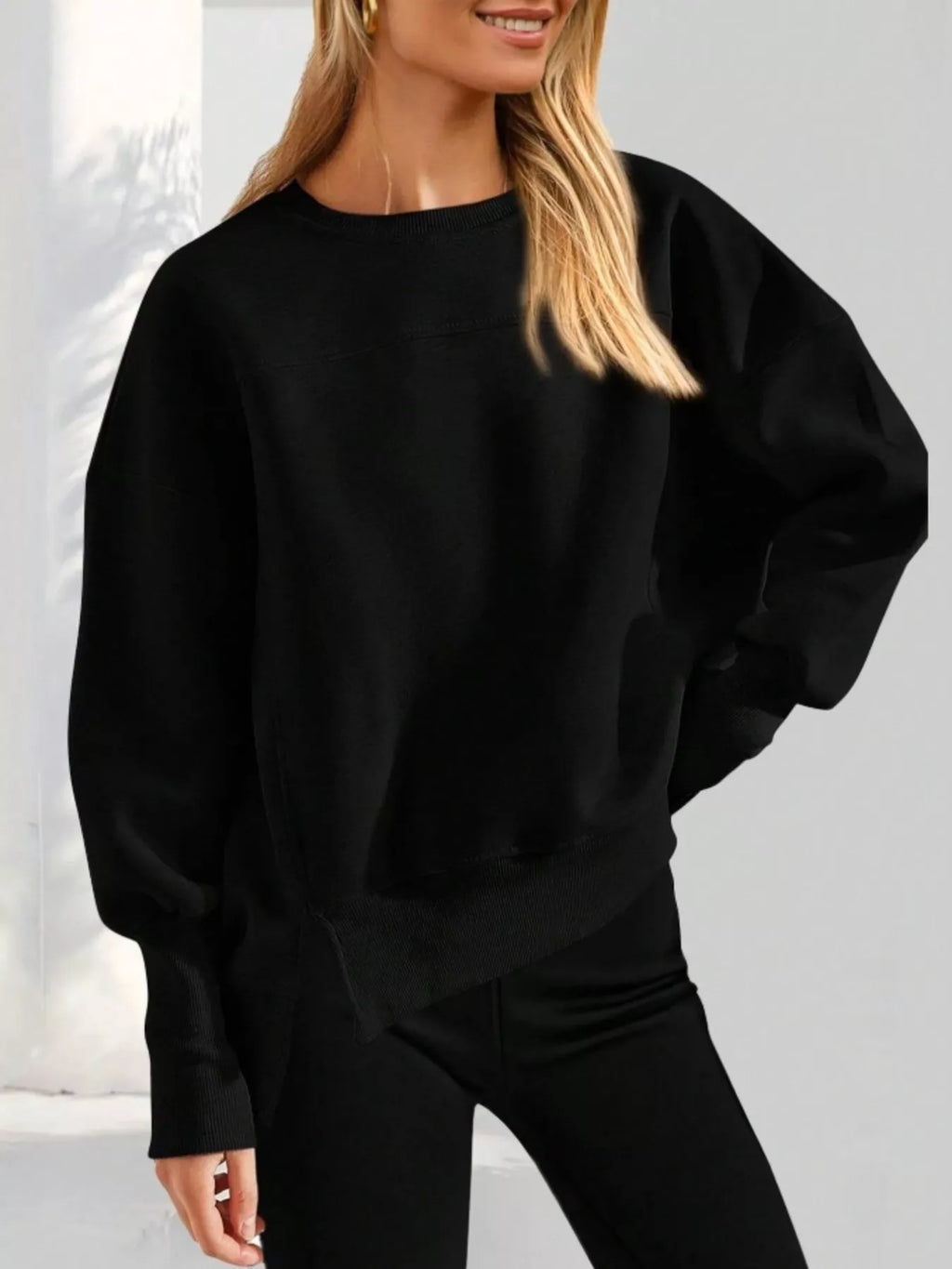 Slit Round Neck Dropped Shoulder Sweatshirt - Lilixa.store