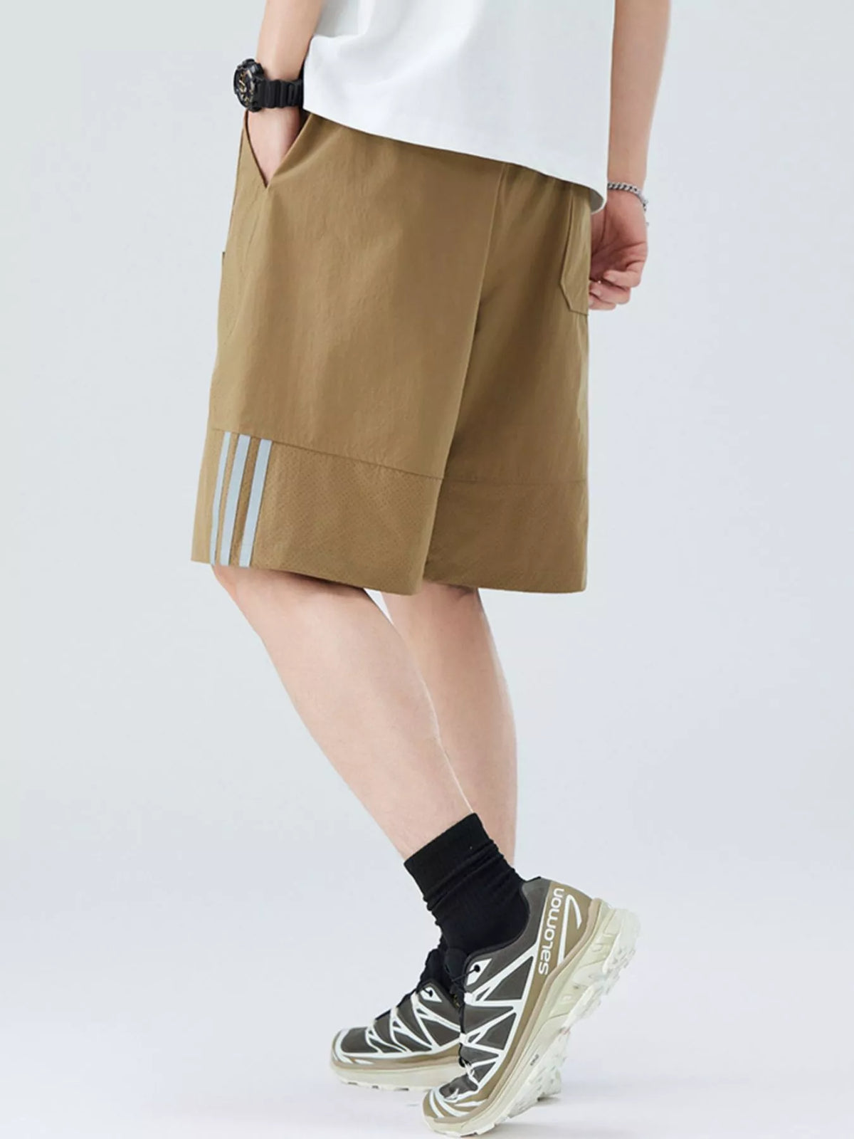 Men's Plus Size Casual Striped Shorts in Deep Khaki