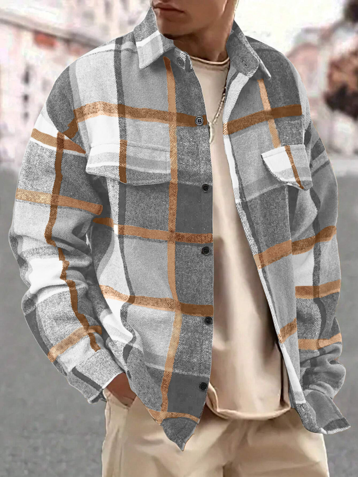 Men's Full Size Casual Plaid Button Up Shirt with Dual Chest Pockets Plus Size
