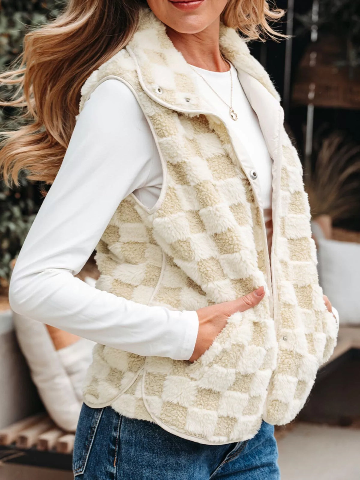 Sherpa Checkerboard Snap Button Vest Coat with Pocket - Lilixa.store