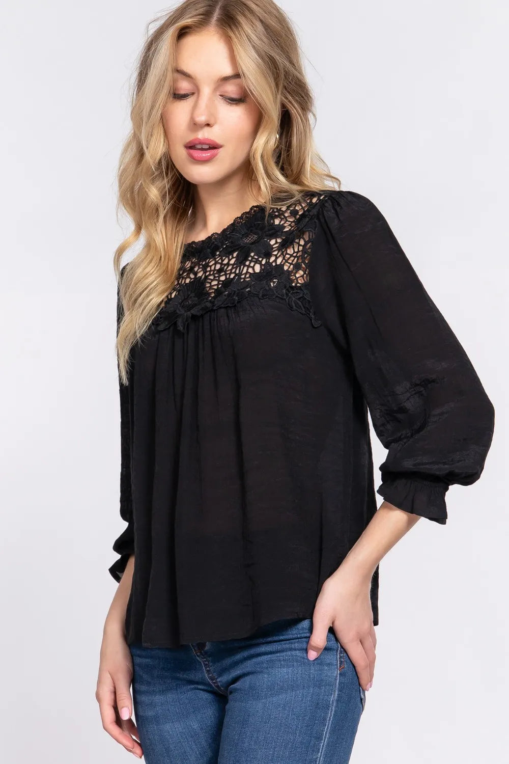 ACTIVE BASIC Crochet Lace Panel Flounce Sleeve Blouse - Lilixa.store