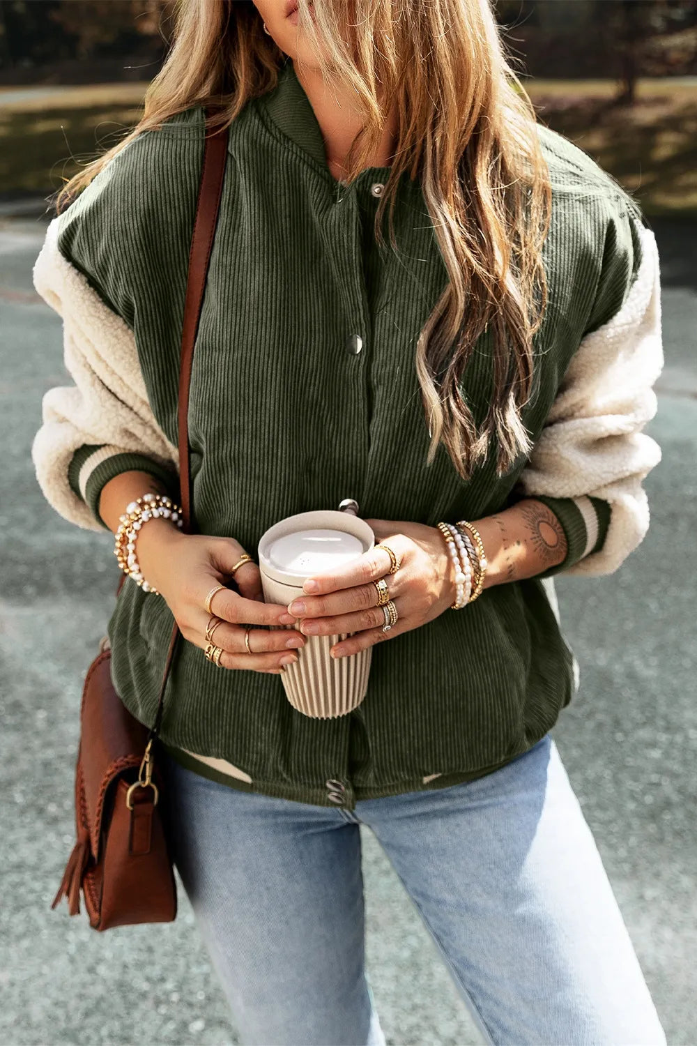 Contrast Baseball Collar Snap Down Long Sleeve Jacket in Moss
