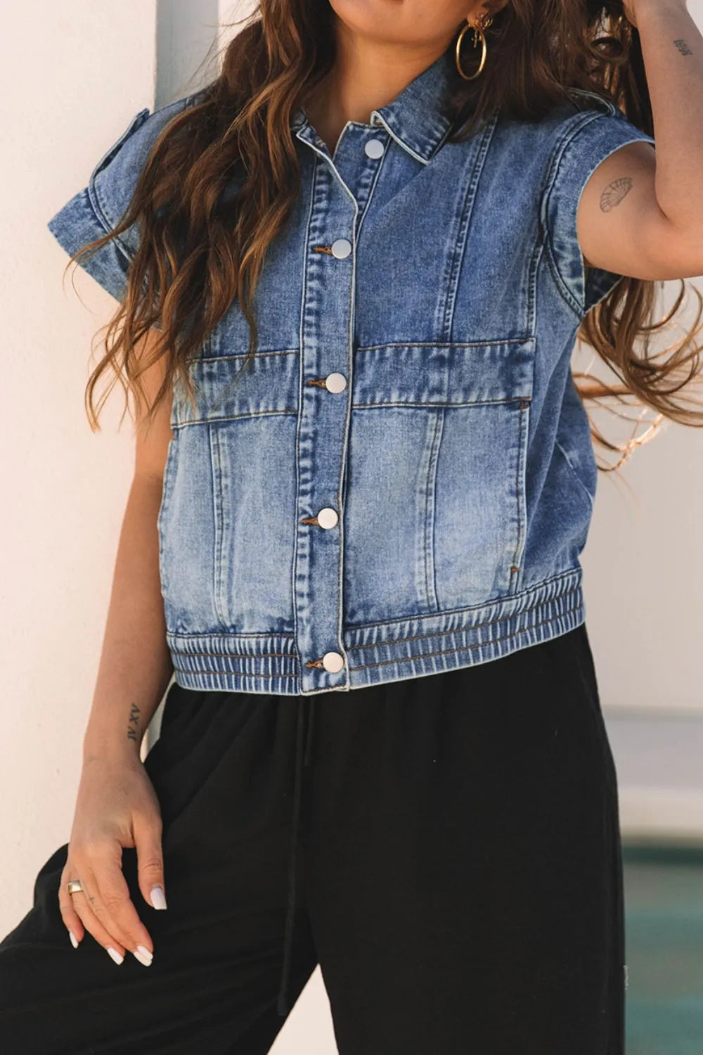 Button Up Cap Sleeve Denim Jacket, view 3