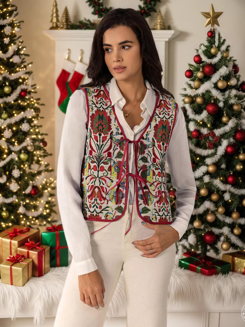 Floral Embroidered Tie-Front Vest Coat - Lilixa.store