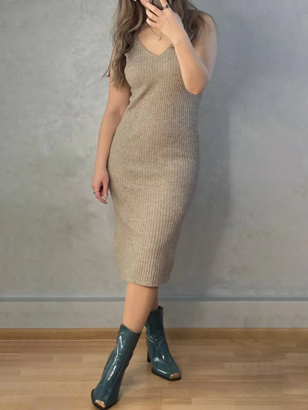 V-Neck Cami Dress and Open Front Cardigan Sweater Set, view 7