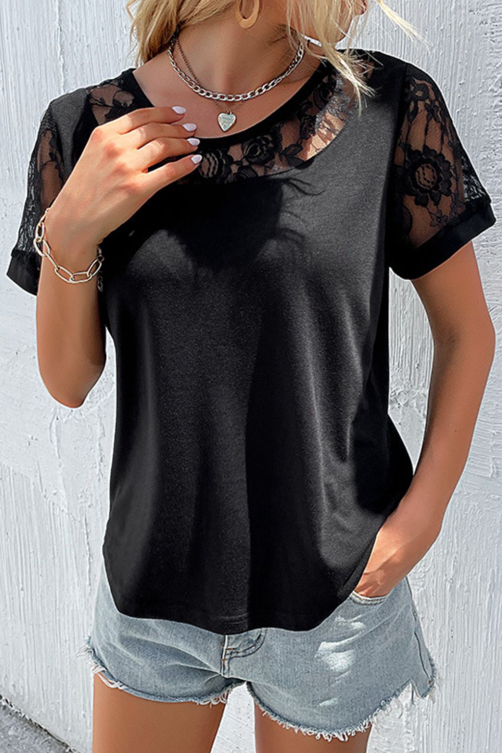 Perfee Spliced Lace Round Neck Short Sleeve Top - Lilixa.store