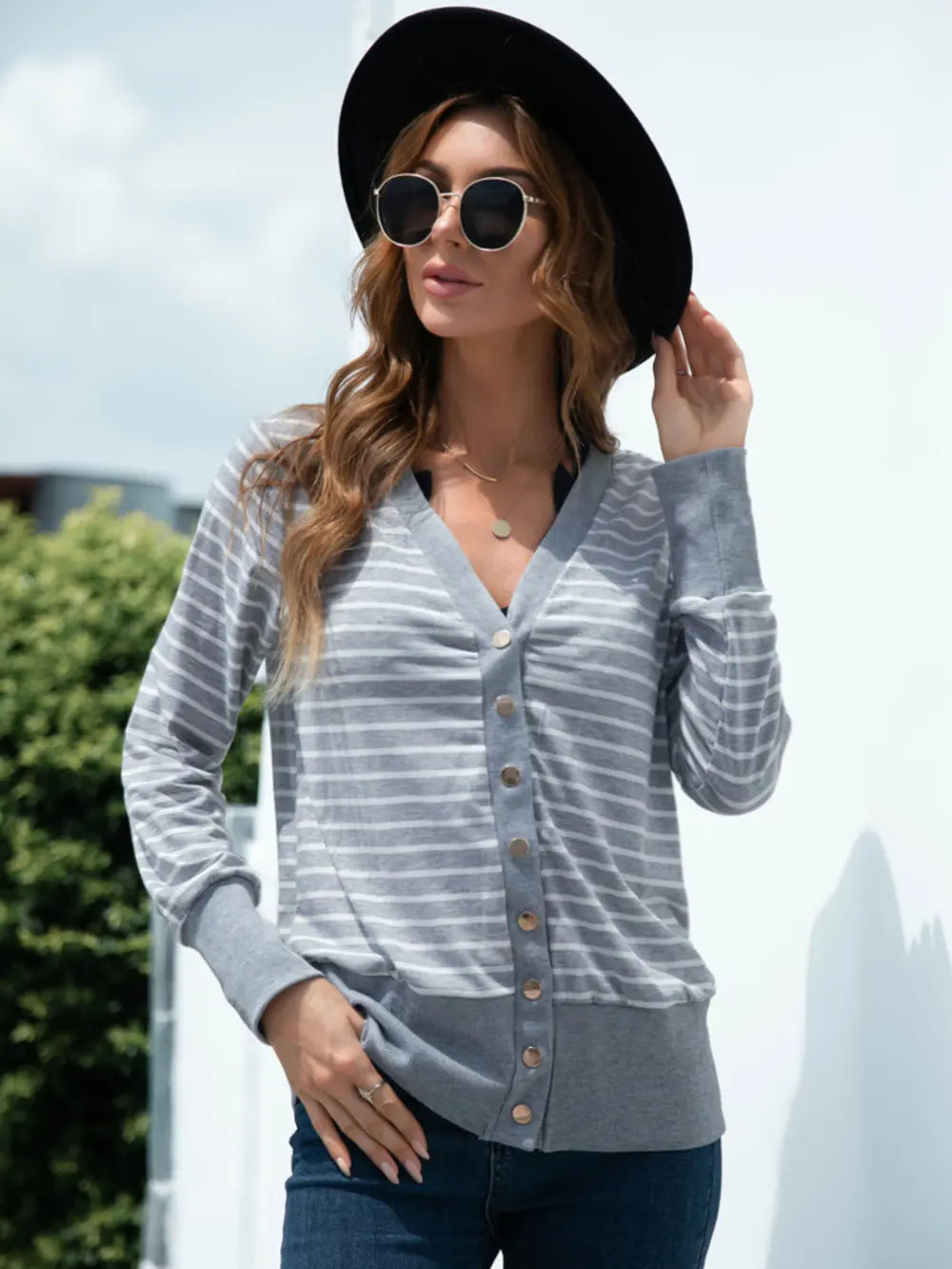 Striped Snap Down Long Sleeve Cardigan - Lilixa.store