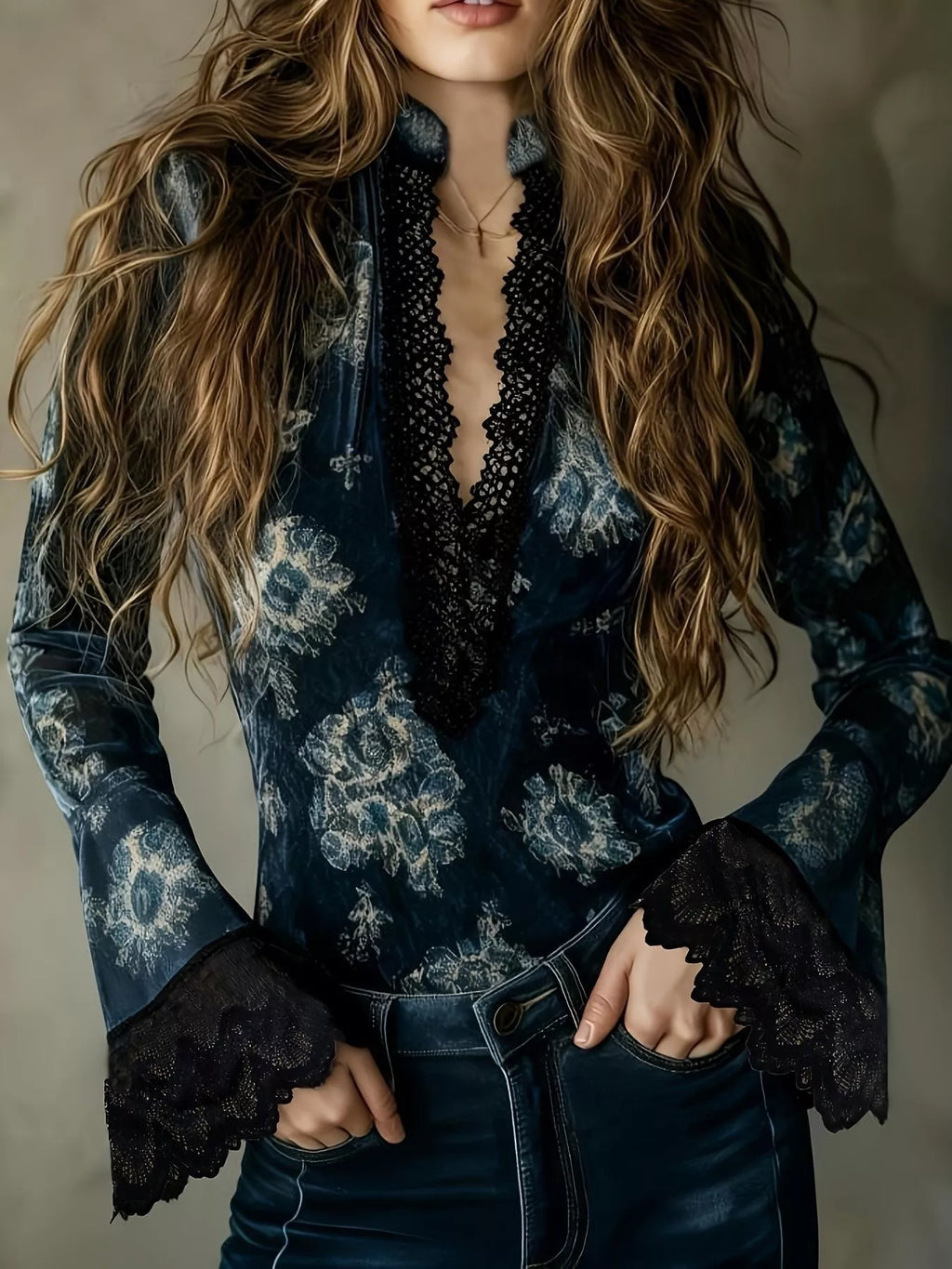 Lace Trim Flare Sleeves Blouse - Lilixa.store