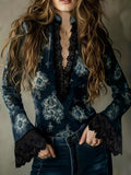 Lace Trim Flare Sleeves Blouse - Lilixa.store