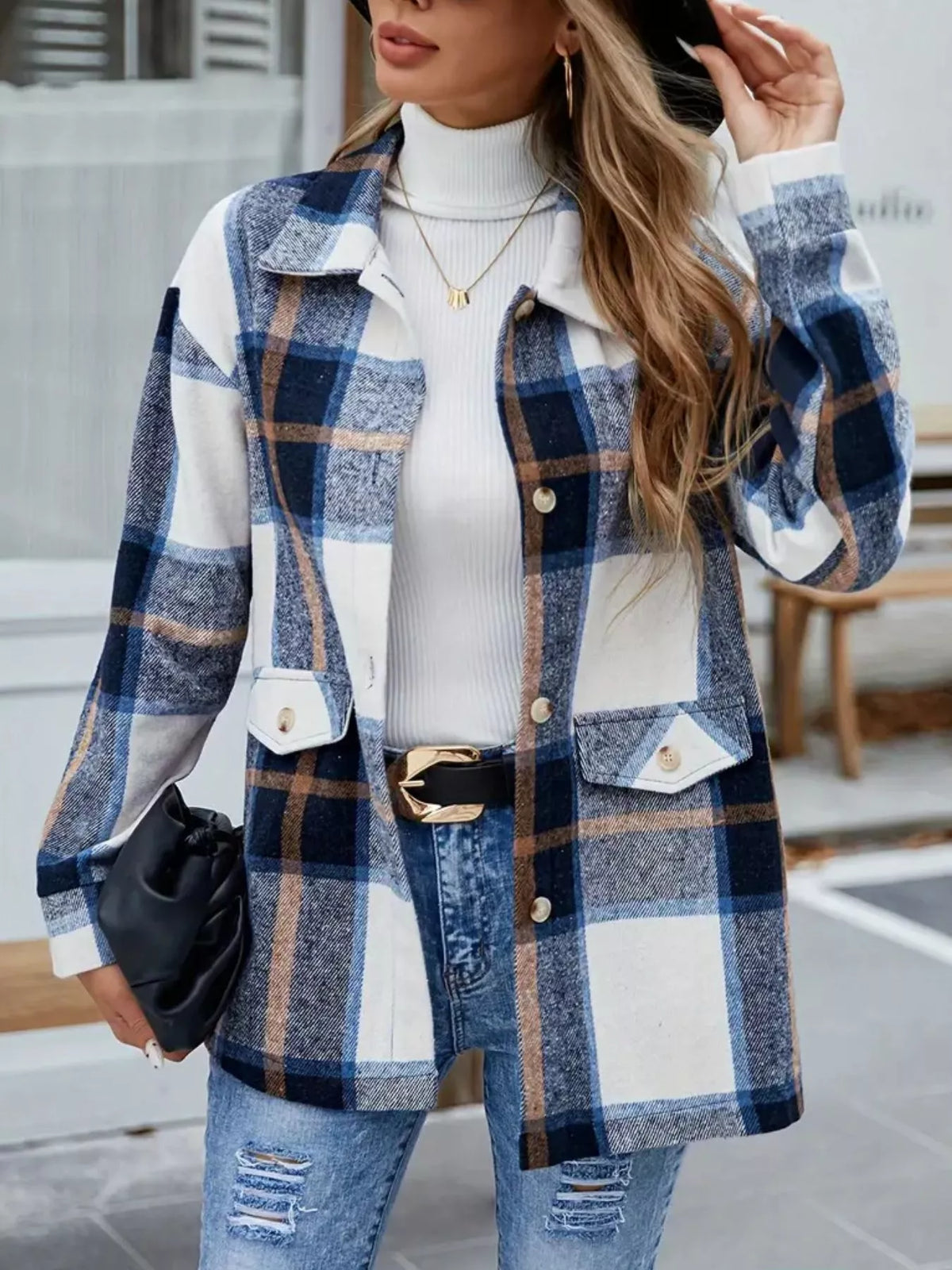 Plaid Button-Up Long Sleeve Shacket, view 2