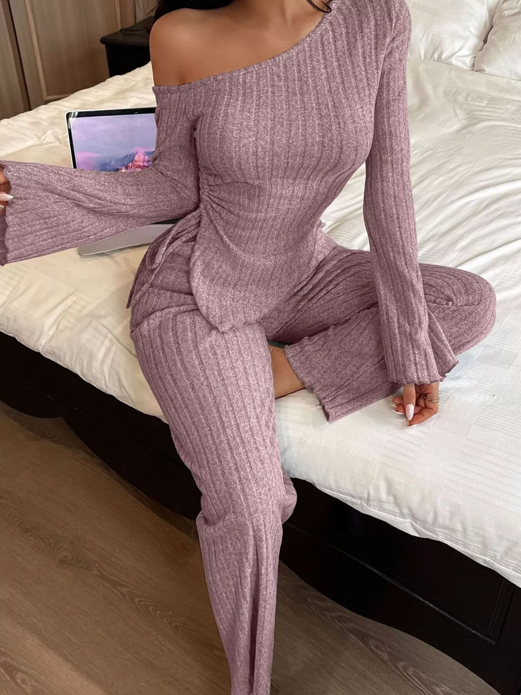 One-Shoulder Ribbed Knit Top and Pants Set - Lilixa.store