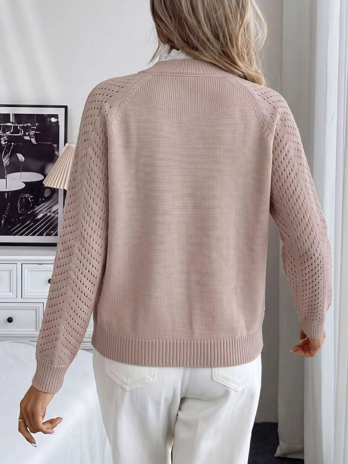 Openwork Mock Neck Sweater in Pink, view 6