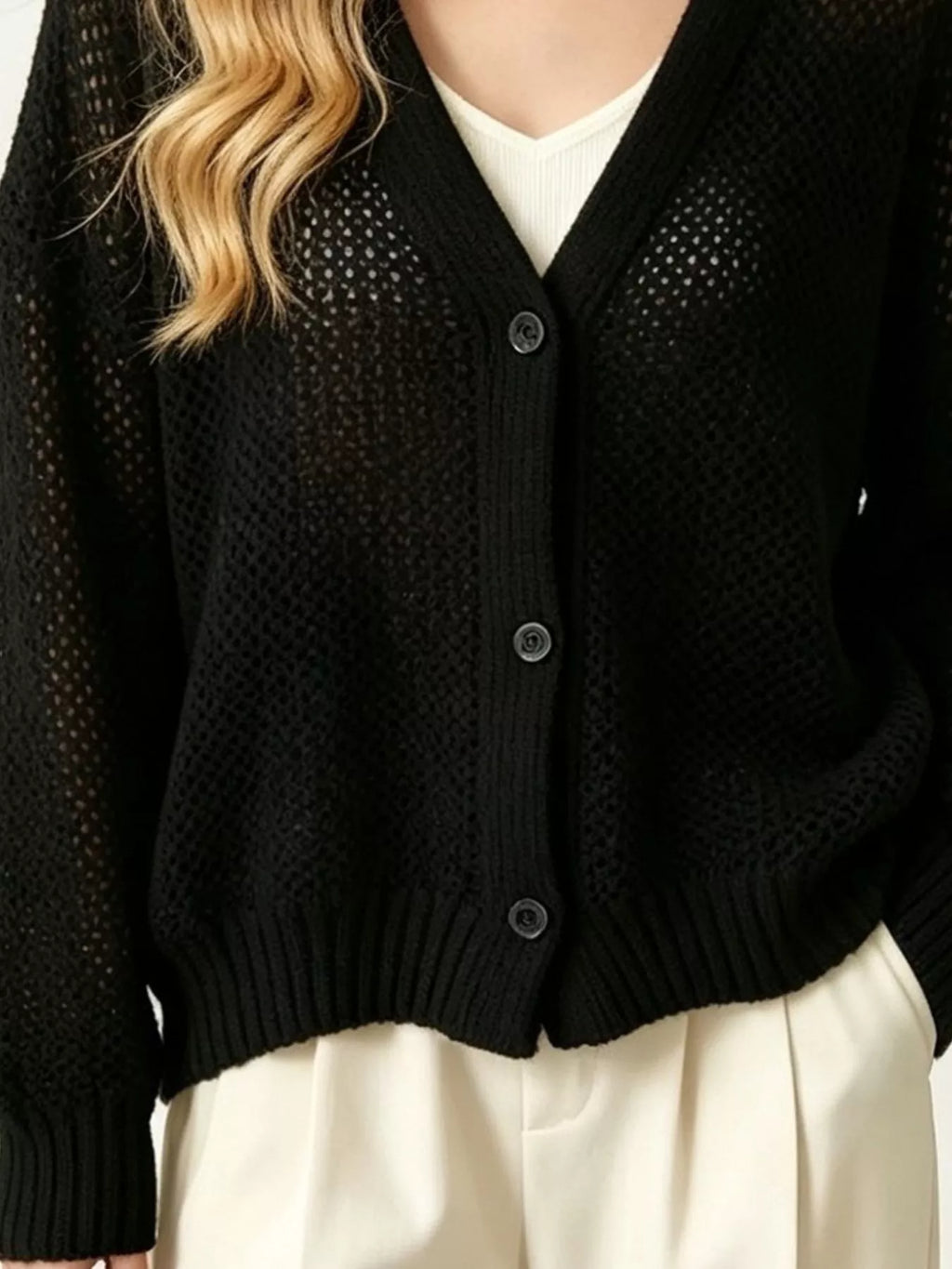 V-Neck Open-Knit Button-Down Cardigan - Lilixa.store