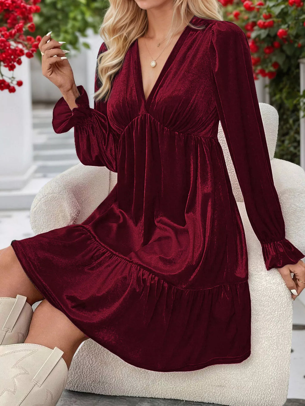 Velvet V-Neck Long Sleeve Ruffle Hem Mini Dress - Lilixa.store