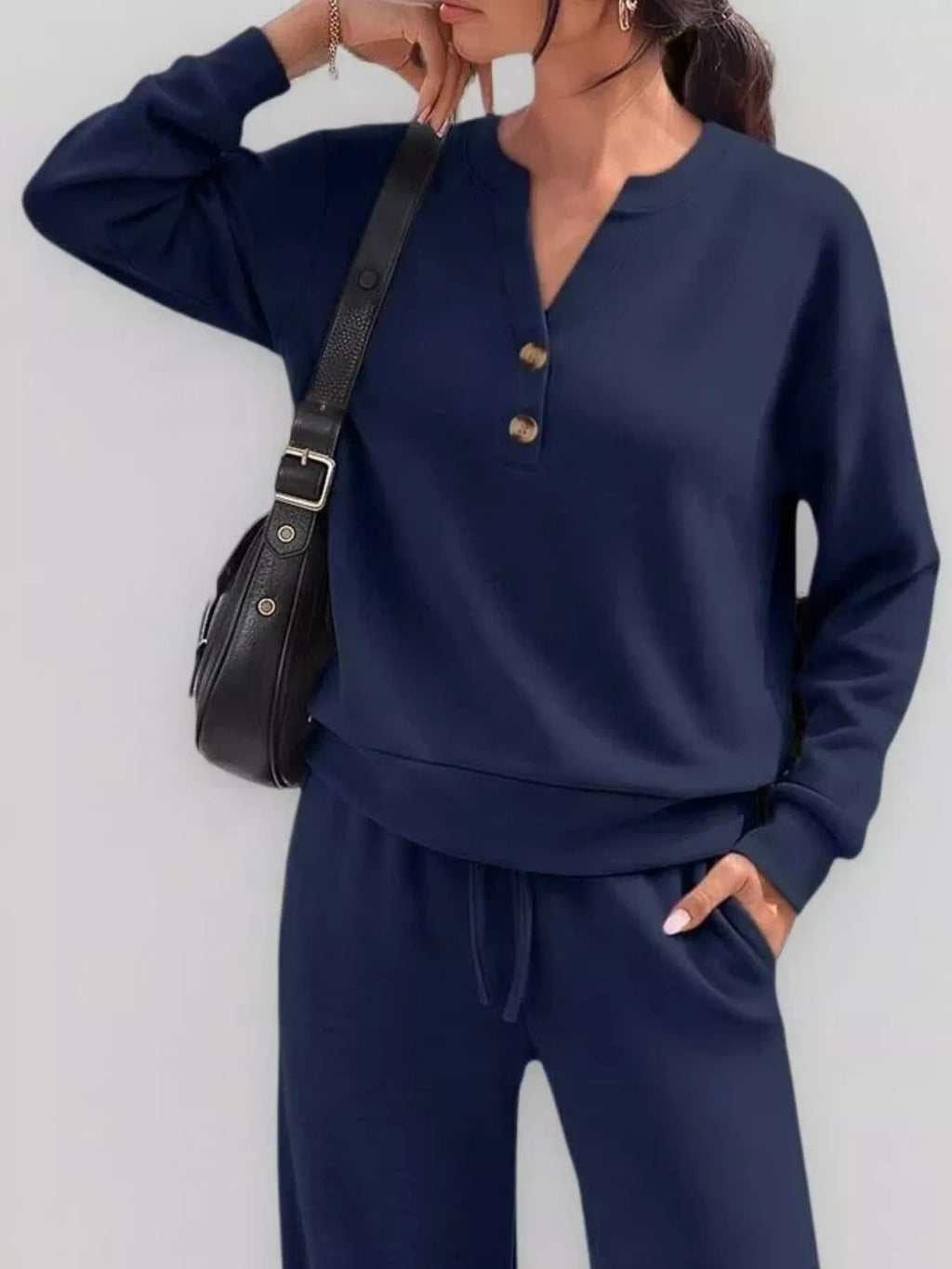 Button Detail Dropped Shoulder Top and Pants Set - Lilixa.store