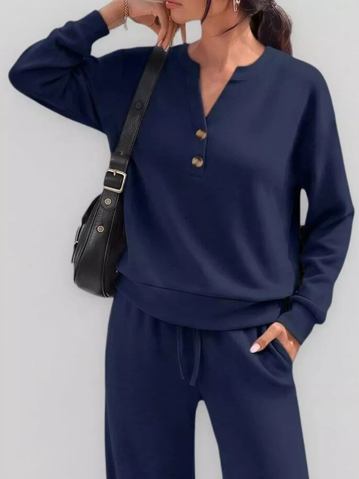 Button Detail Dropped Shoulder Top and Pants Set - Lilixa.store
